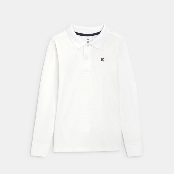 قميص بولو أبيض اللون بأكمام طويلة من قماش الجيرسيه المضلع للأولاد